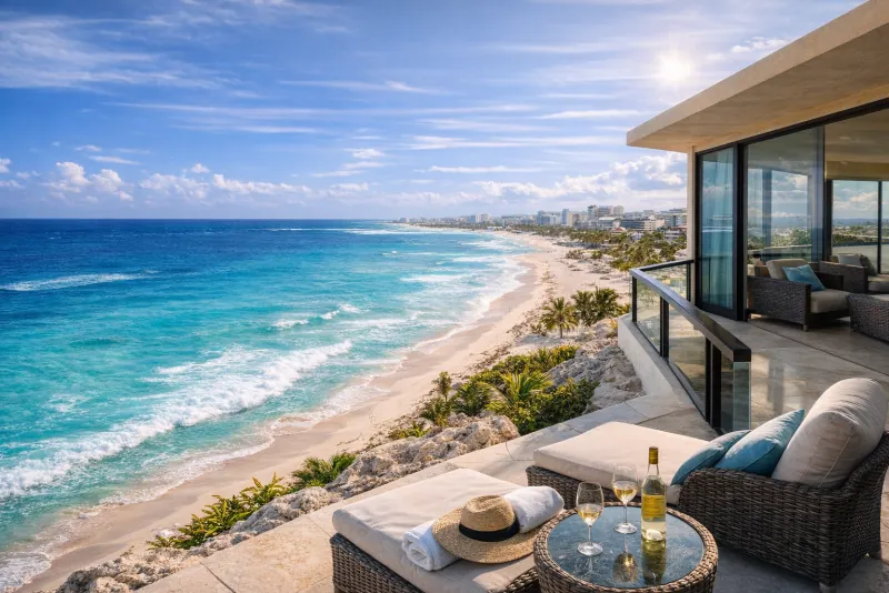 Vista del mar Caribe desde una terraza en Cancún